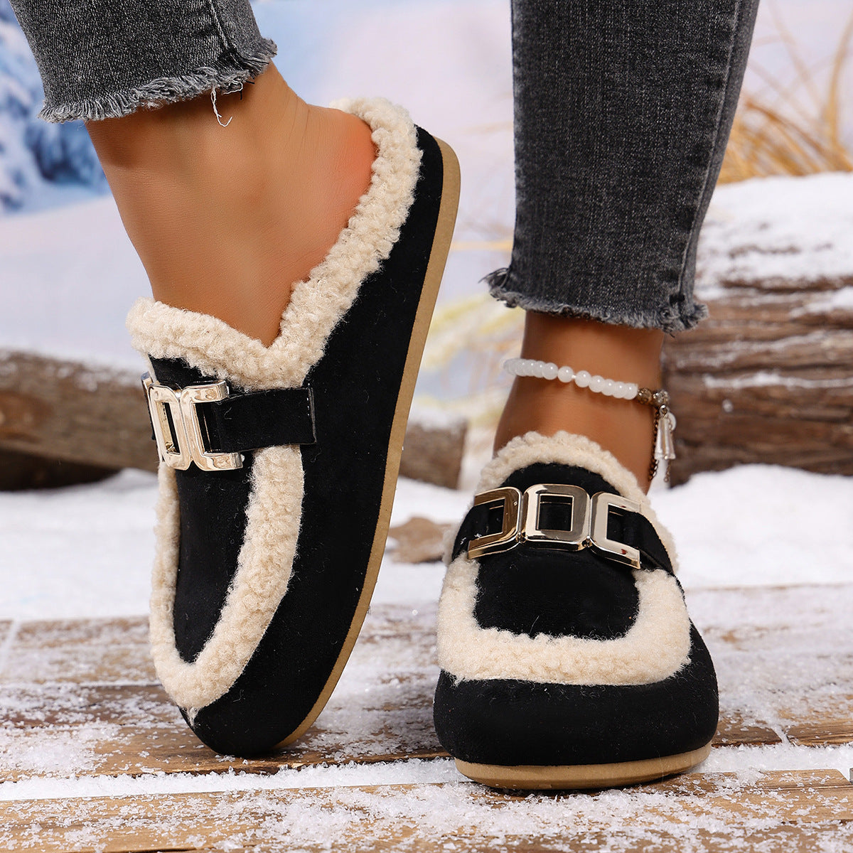 Women's Flat Lamb Wool Slippers Winter New Birkenstock Closed Toe Fluffy Shoes Lazy Cotton Slippers