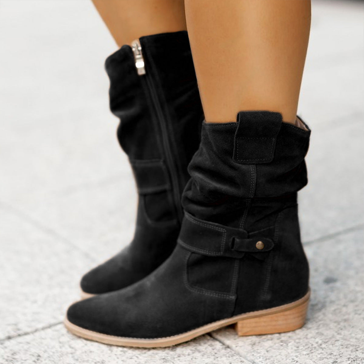 Ins Pointed Toe Mid-calf Boots Fashion Suede Zipper Western Boot Winter Shoes For Women