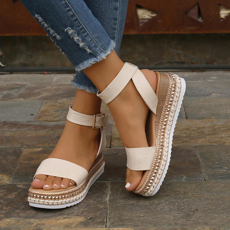 Women's Platform Wedge Sandals - Buckle Strap Hemp Espadrille Peep Toe Summer Shoes