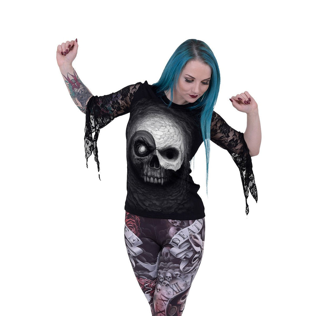 YIN YANG SKULLS - Rose Lace Sleeve Top