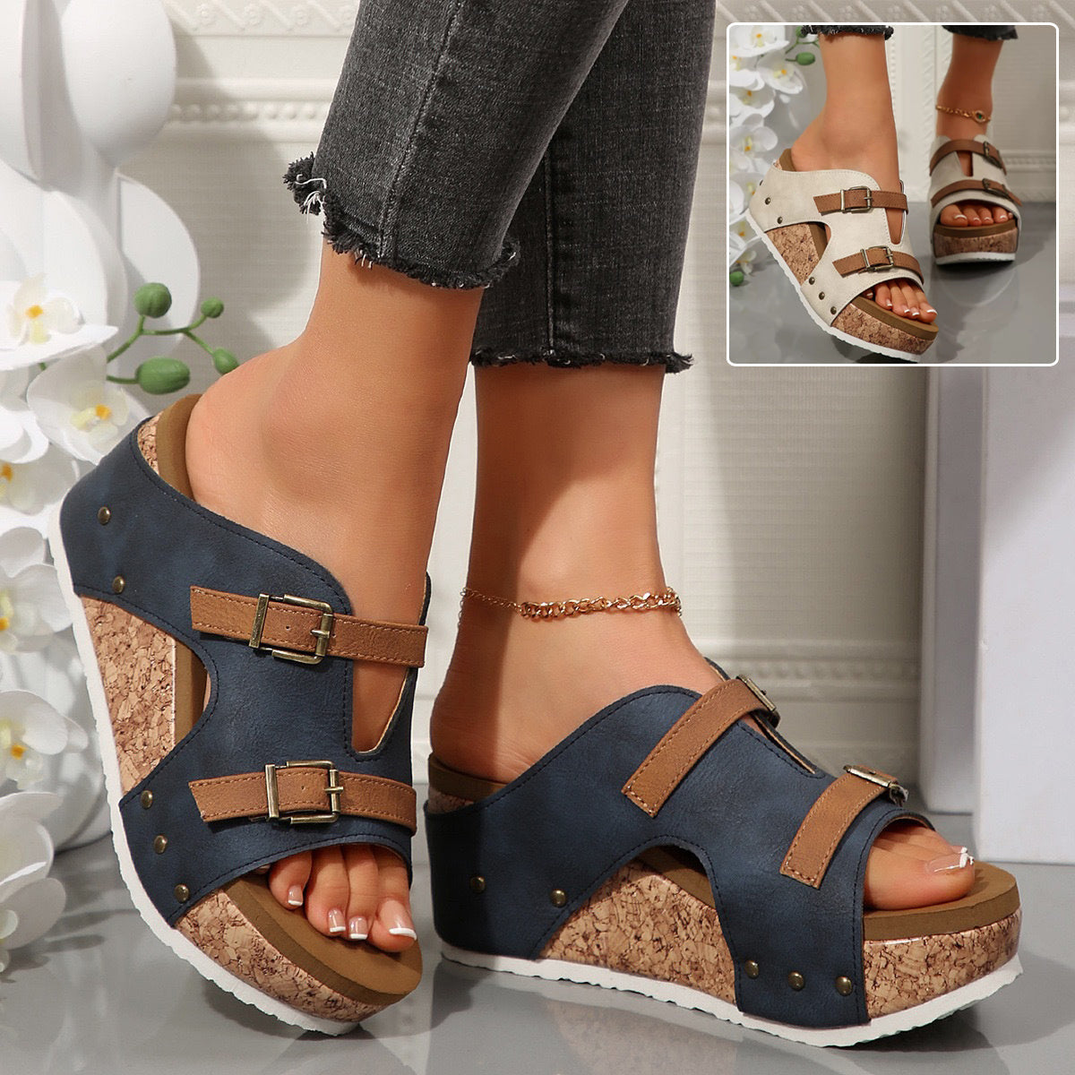 Ins Buckle Wedges Sandals Summer Fish Mouth Thick High Heel Slides Slippers Outdoor Fashion Beach Roman Shoes For Women