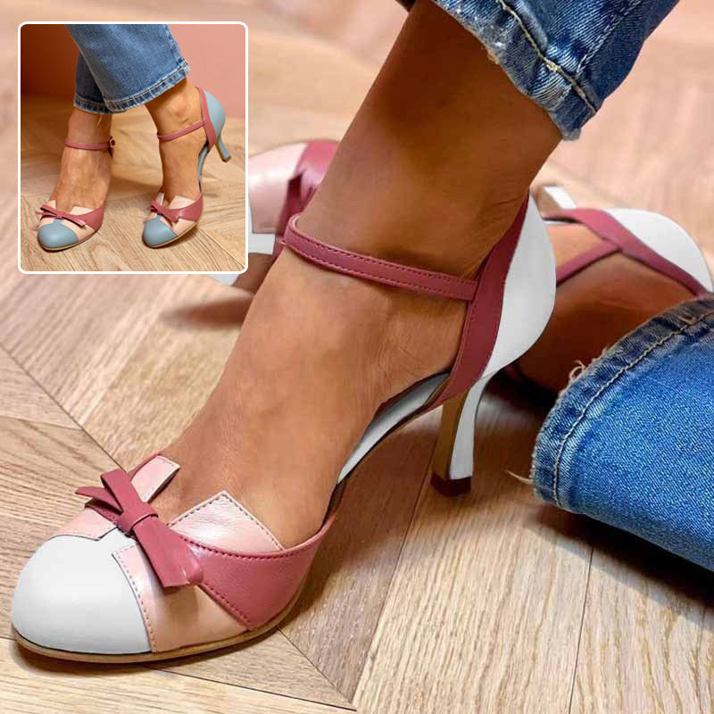 Ins Bow Sandals Summer Color-matching Pointed Toe Buckle High Heels Pumps Women's Shoes