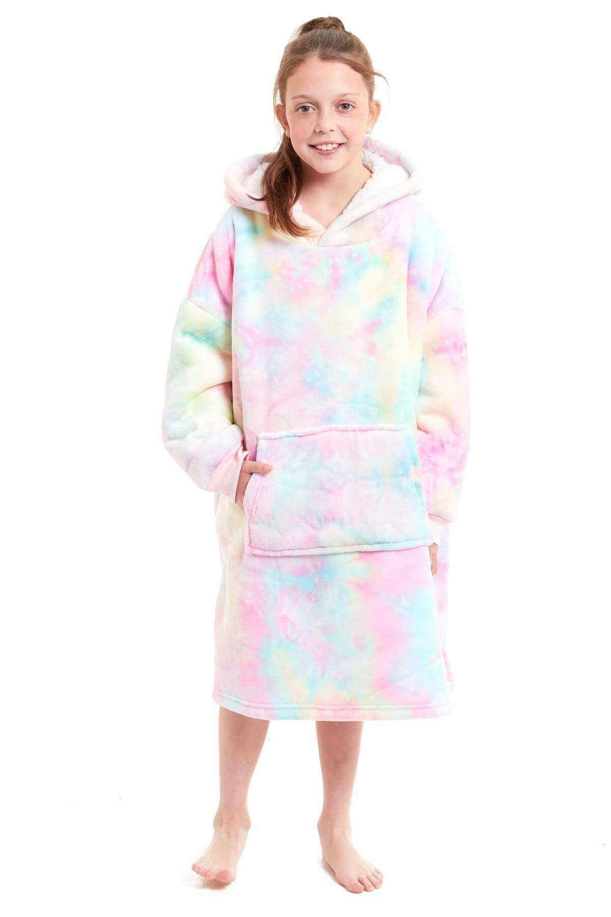 Kids Oversized Hooded Fleece Blanket with Reversible Sherpa Double Pocket Ultra-Soft Cozy Wearable Blanket for Lounging and Outdoor Ages 8-15 by Daisy Dreamer