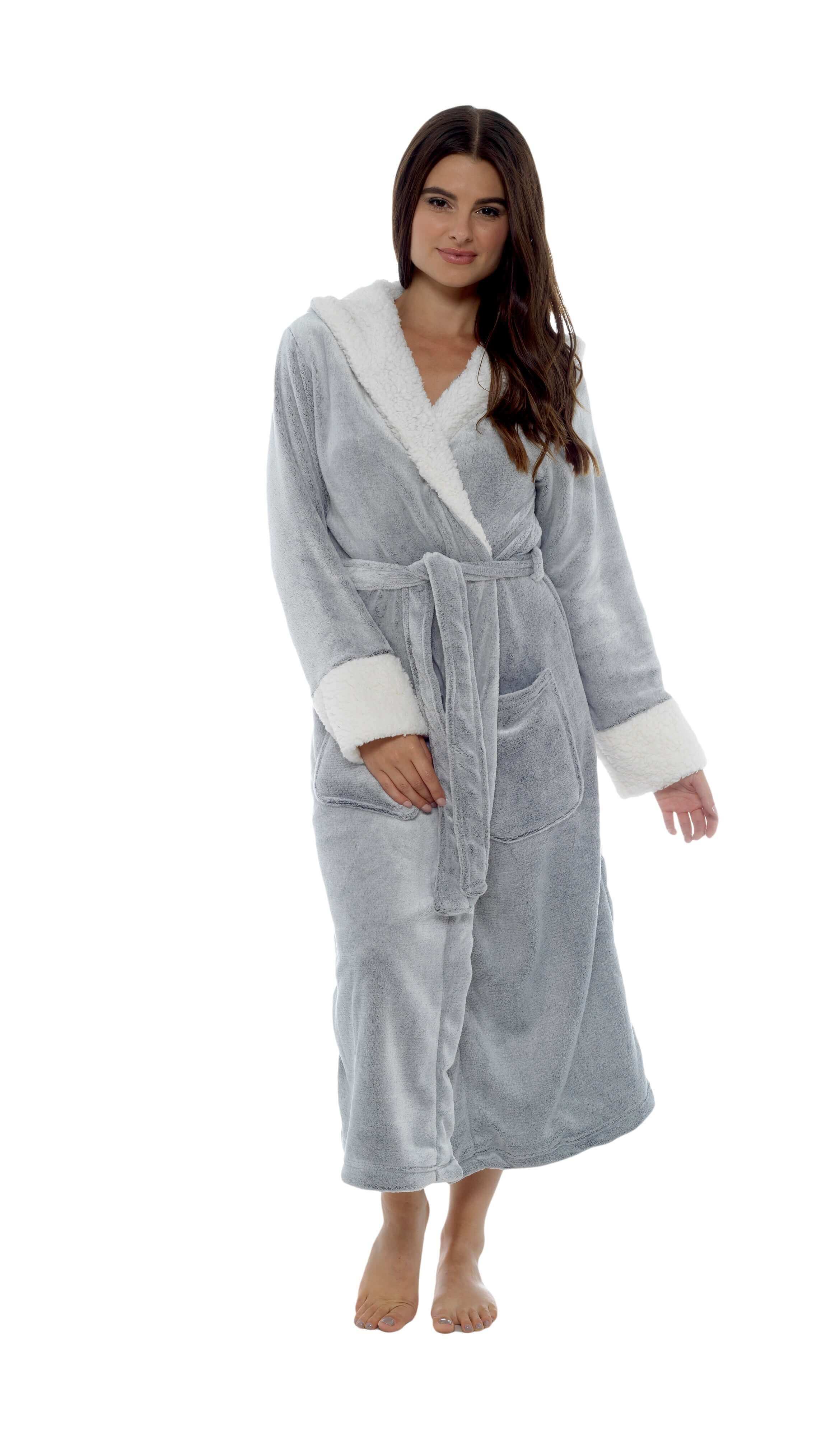 Women's Luxurious Shimmer Grey Fleece Dressing Gown With Sherpa Fur Hood Plush Flannel Bath Robe Elegant Silver Soft Cozy Loungewear by Daisy Dreamer