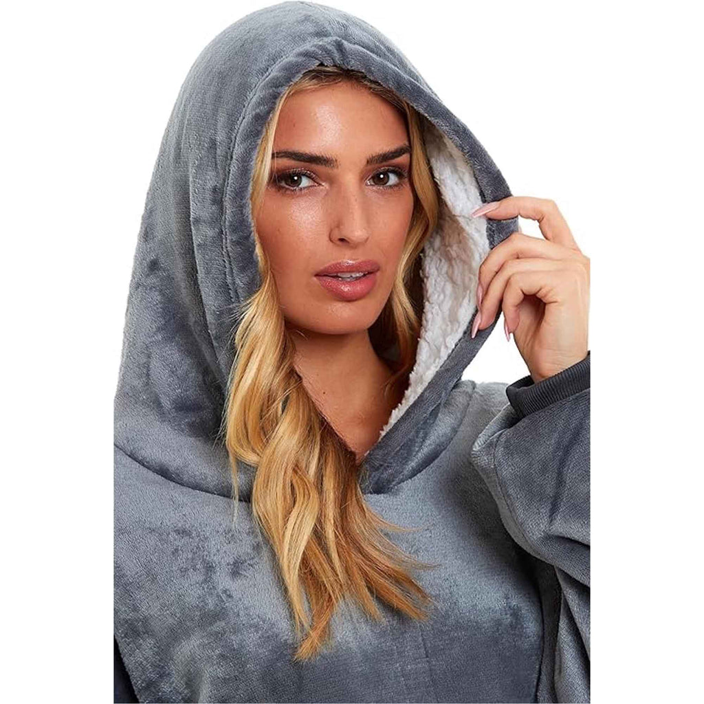 Oversized Hooded Blanket Sweatshirt Plush Sherpa Fur Grey Pink Giant Hoodie for Adults and Kids with Elastic Cuffs and Pocket by Daisy Dreamer