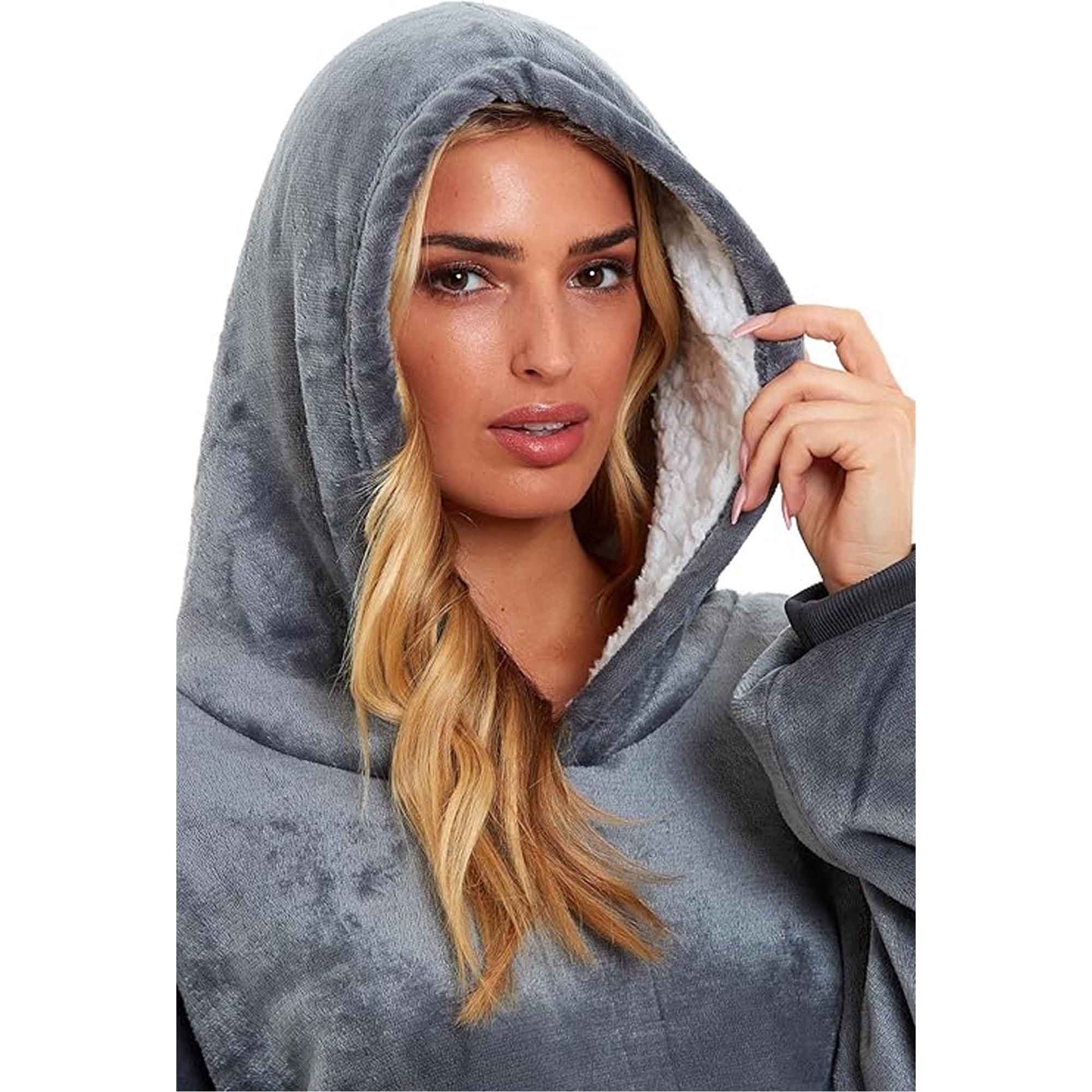 Oversized Hooded Blanket Sweatshirt Plush Sherpa Fur Grey Pink Giant Hoodie for Adults and Kids with Elastic Cuffs and Pocket by Daisy Dreamer