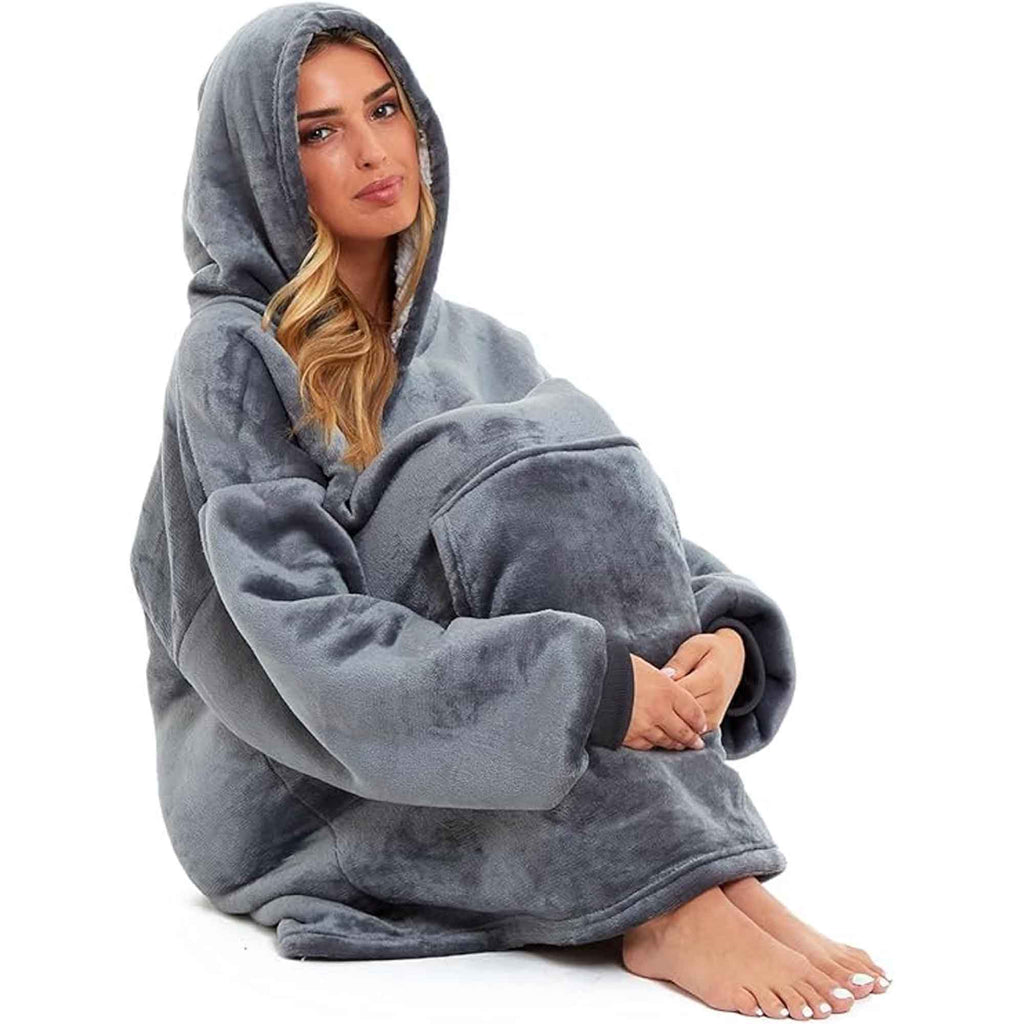 Oversized Hooded Blanket Sweatshirt Plush Sherpa Fur Grey Pink Giant Hoodie for Adults and Kids with Elastic Cuffs and Pocket by Daisy Dreamer