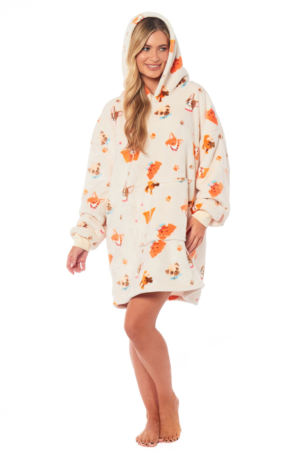 Oversized Hooded Reversible Sherpa Plush Fleece Blanket Hoodie with Adorable Dogs Print Ultra Soft Wearable Blanket for Adults and Kids One Size by Daisy Dreamer