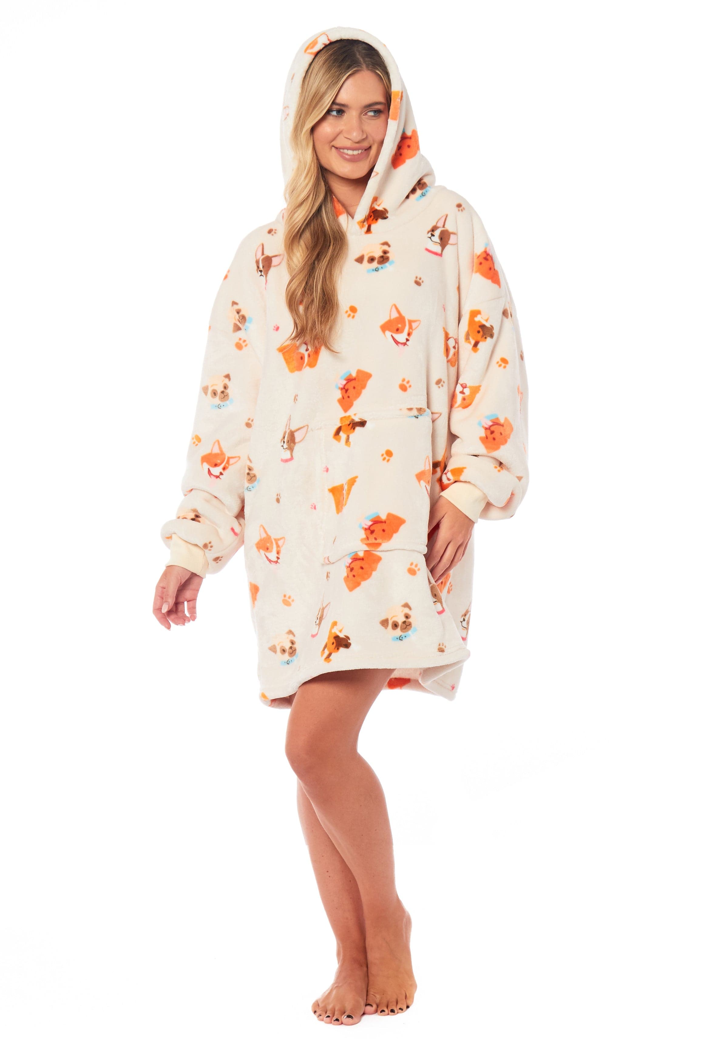 Oversized Hooded Reversible Sherpa Plush Fleece Blanket Hoodie with Adorable Dogs Print Ultra Soft Wearable Blanket for Adults and Kids One Size by Daisy Dreamer