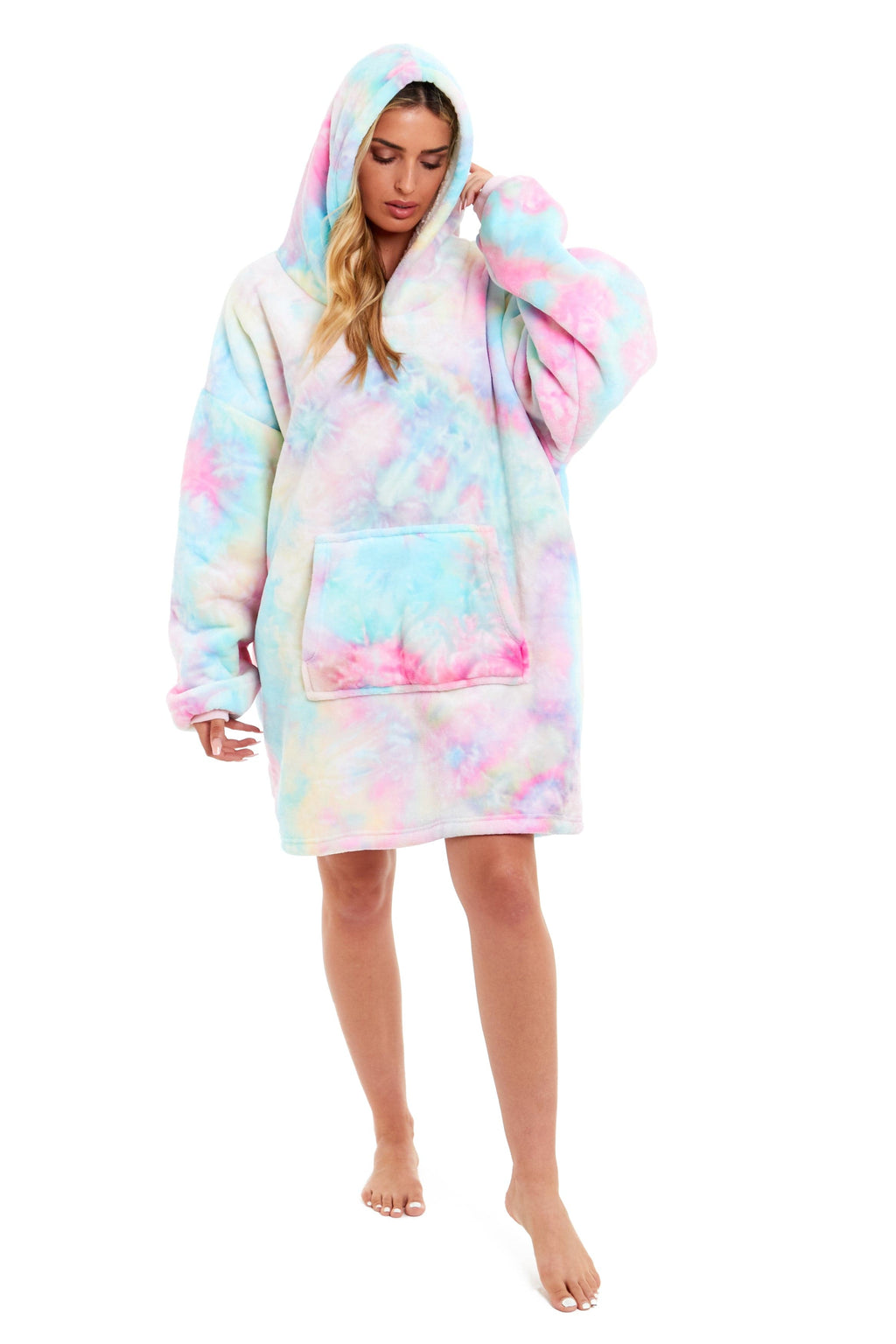 Oversized Tie Dye Rainbow Hooded Plush Fleece Blanket with Reversible Ultra Soft Sherpa, Giant Hoodie Sweatshirt for Adults and Kids with Elastic Cuffs and Pocket by Daisy Dreamer
