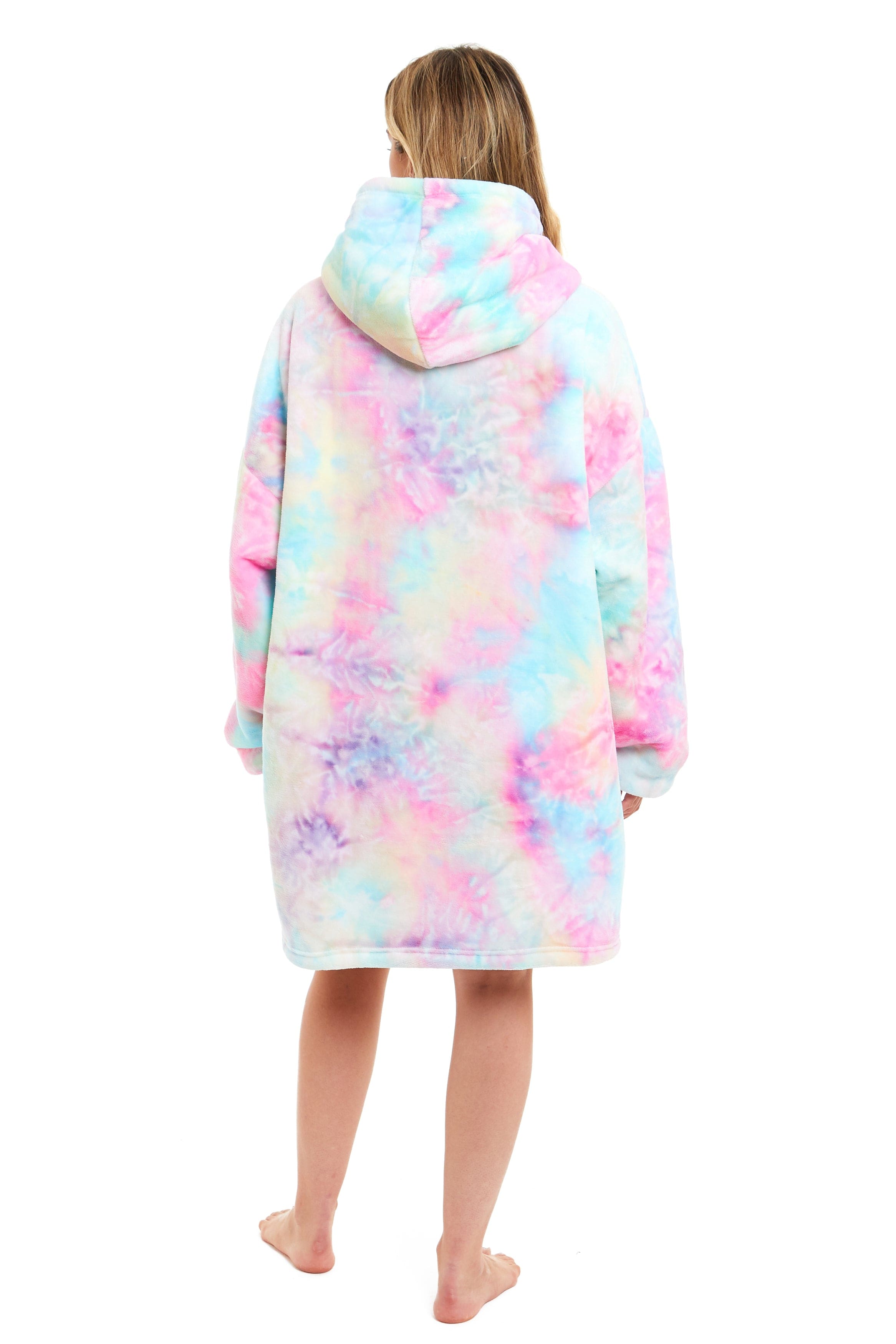 Oversized Tie Dye Rainbow Hooded Plush Fleece Blanket with Reversible Ultra Soft Sherpa, Giant Hoodie Sweatshirt for Adults and Kids with Elastic Cuffs and Pocket by Daisy Dreamer