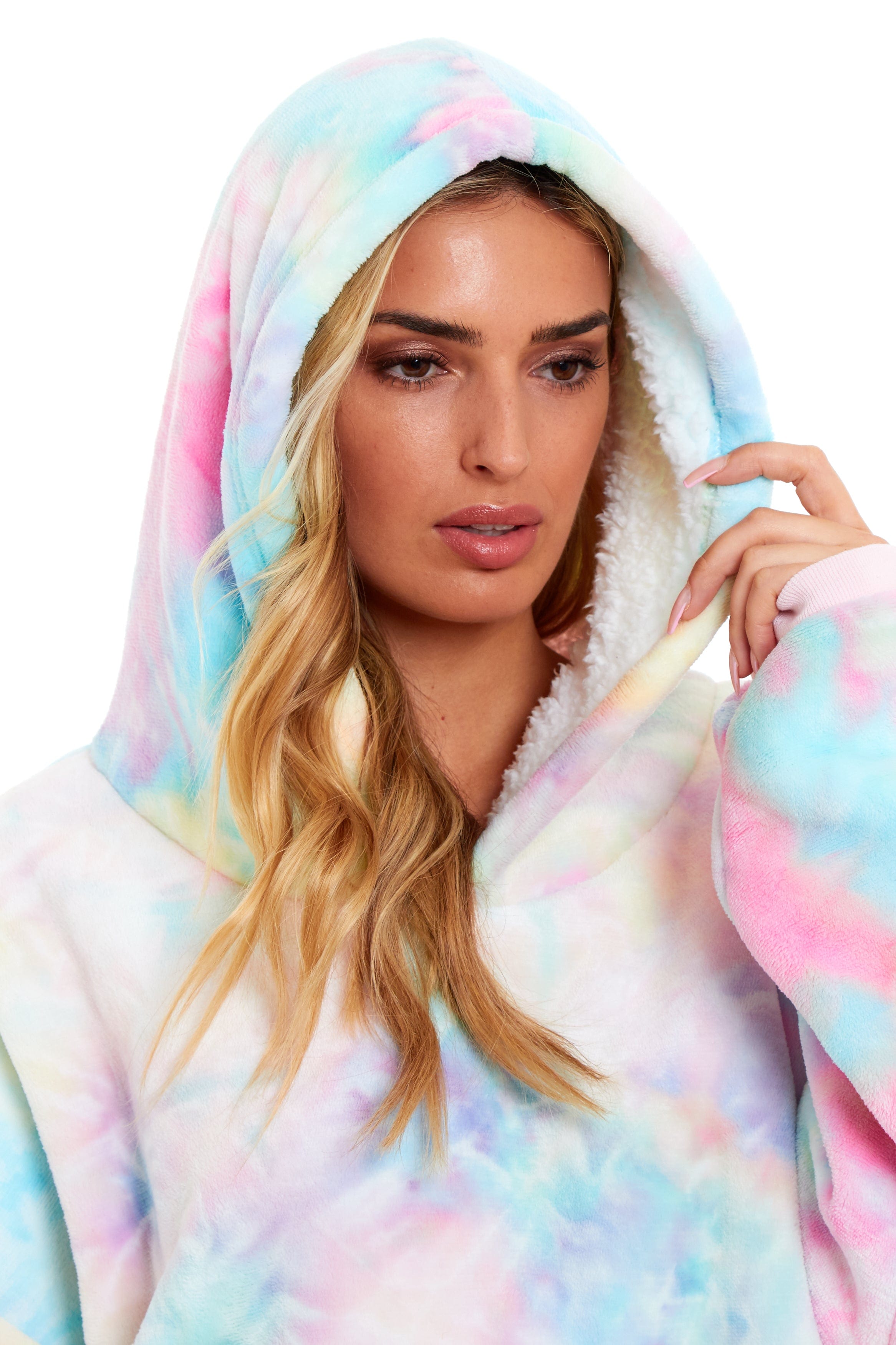 Oversized Tie Dye Rainbow Hooded Plush Fleece Blanket with Reversible Ultra Soft Sherpa, Giant Hoodie Sweatshirt for Adults and Kids with Elastic Cuffs and Pocket by Daisy Dreamer