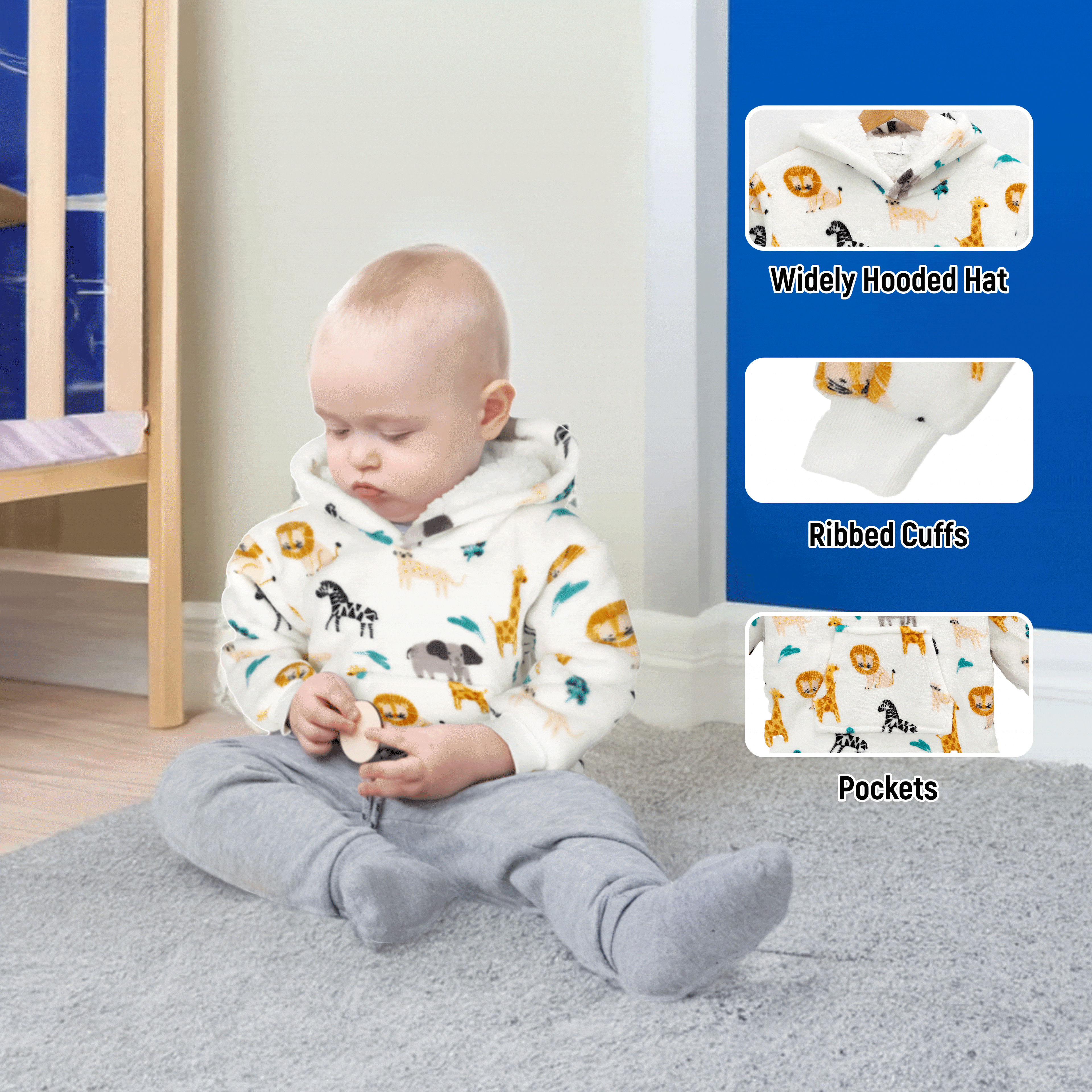 Kids Hoodie Safari & Sloth Blanket for Toddlers Ages 0-4 Unisex Warm Fluffy Wearable Sweatshirt with Pocket by Daisy Dreamer