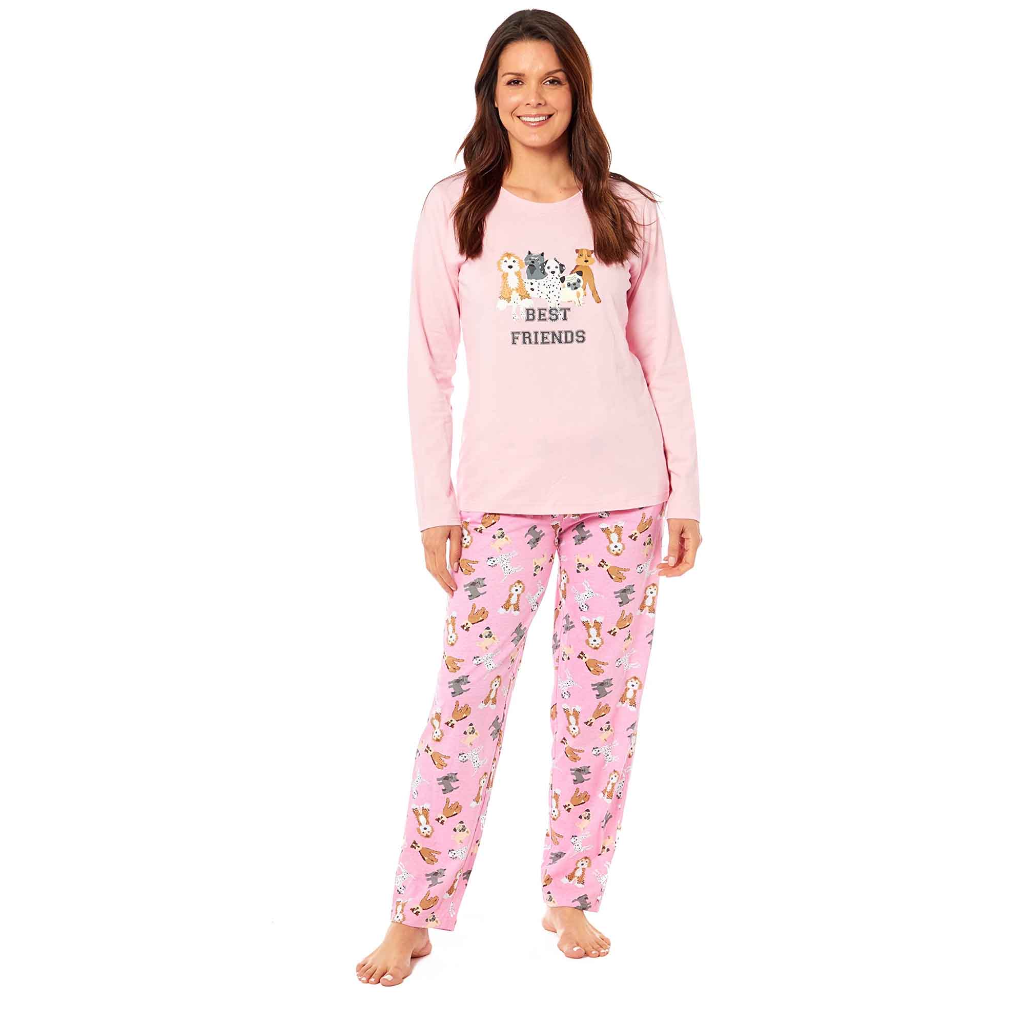 Soft Pink Dogs Pyjama Lounge Set for Women Comfortable Cotton Long Sleeve Top with Patterned Bottoms Elasticated Waistband Cozy PJs Available in Sizes Small to X Large Daisy Dreamer