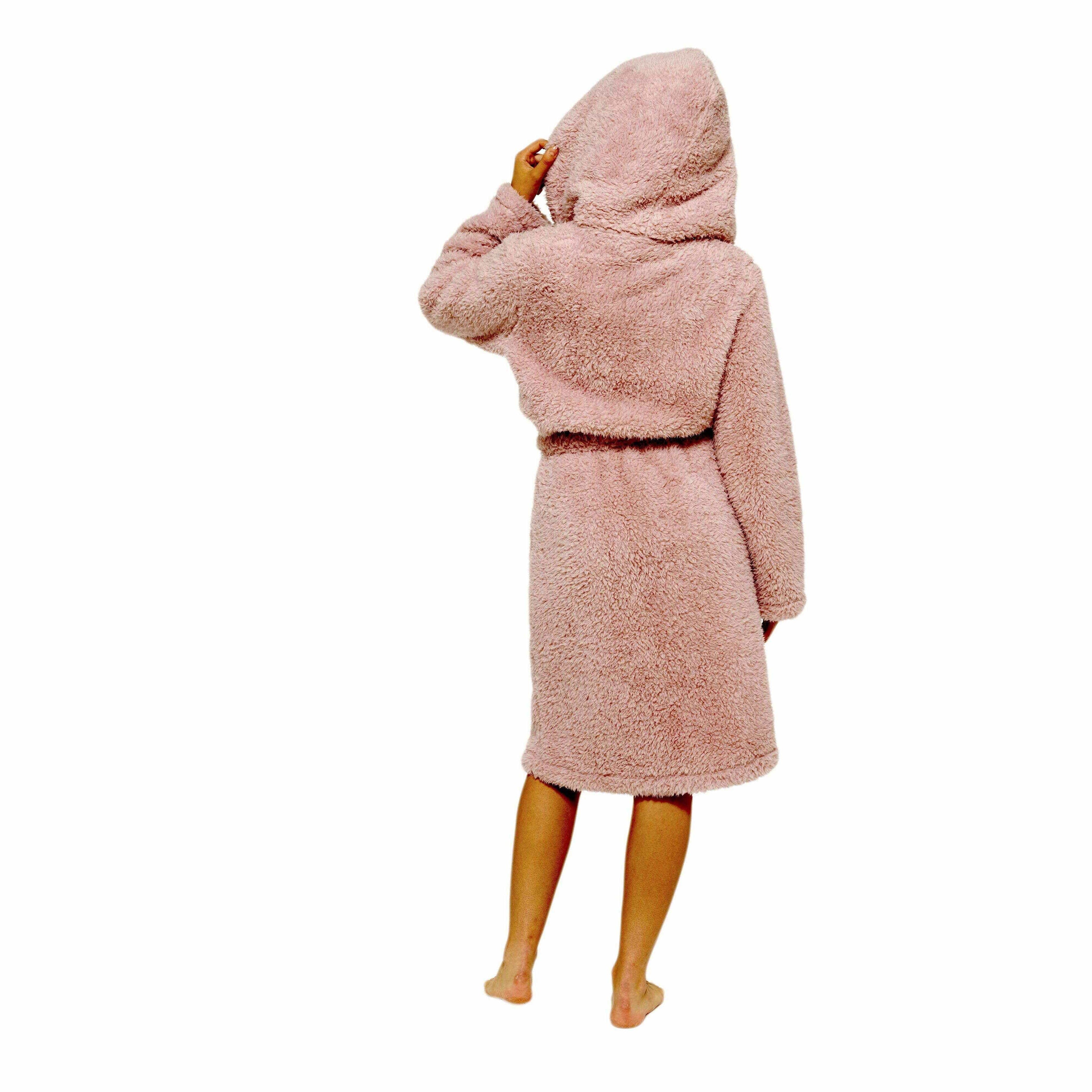 Women's Dusky Pink Teddy Fleece Hooded Robe Ultra Soft Cozy Bathrobe Winter Loungewear Pajamas for Ladies by Daisy Dreamer