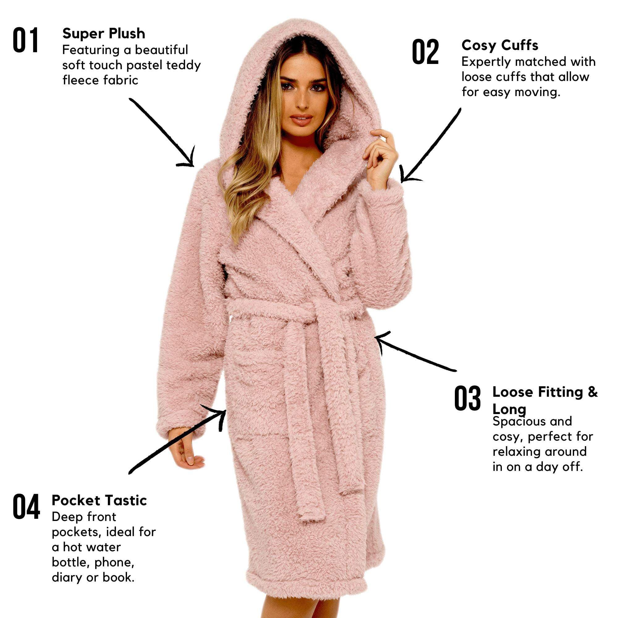 Women's Dusky Pink Teddy Fleece Hooded Robe Ultra Soft Cozy Bathrobe Winter Loungewear Pajamas for Ladies by Daisy Dreamer