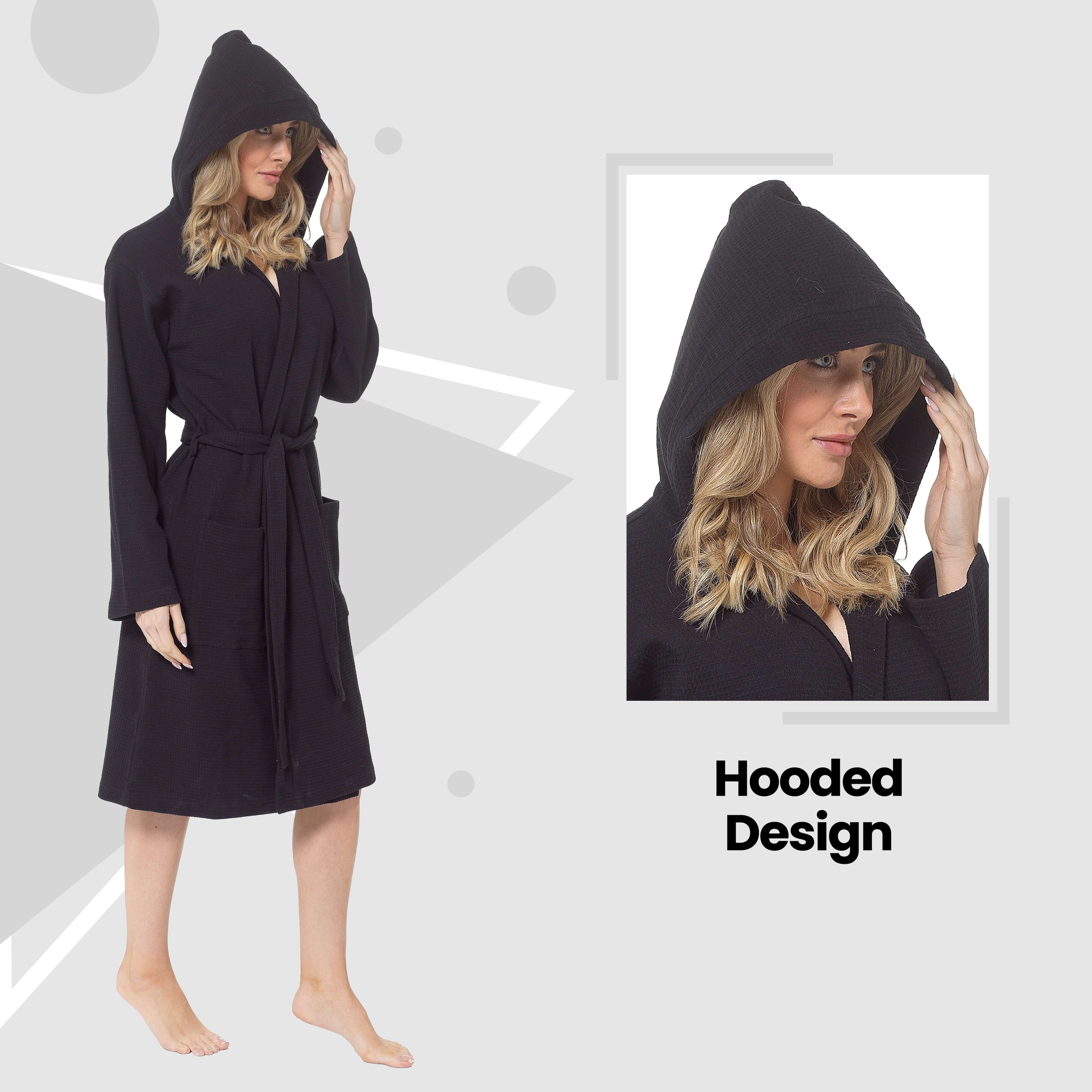 Women's Hooded Waffle Cotton Bathrobe Black Super Absorbent Spa Dressing Gown for Home Lounge & Travel by Daisy Dreamer