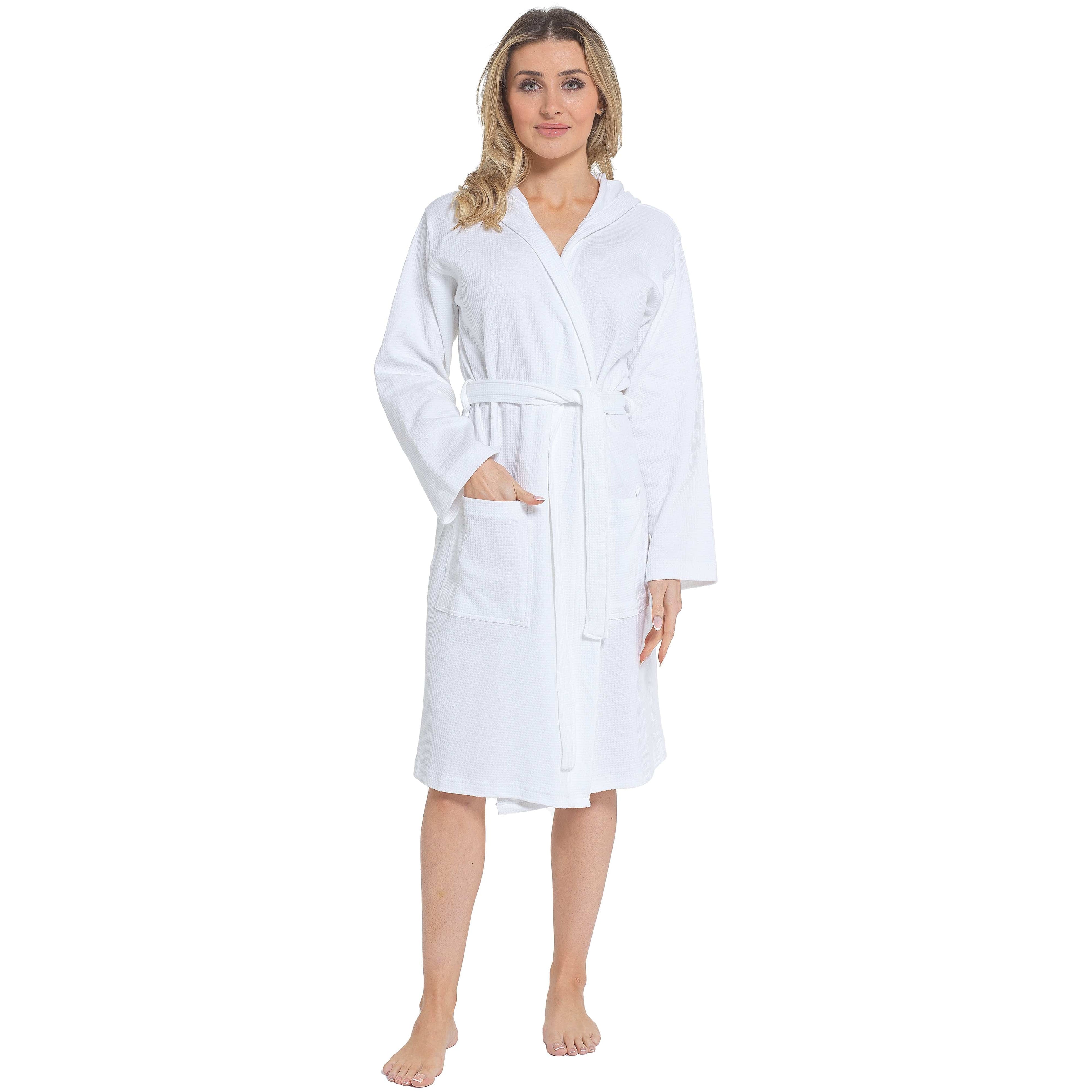 Women's Hooded Waffle Cotton Bathrobe White Super Absorbent Spa Dressing Gown for Home Lounge & Travel by Daisy Dreamer