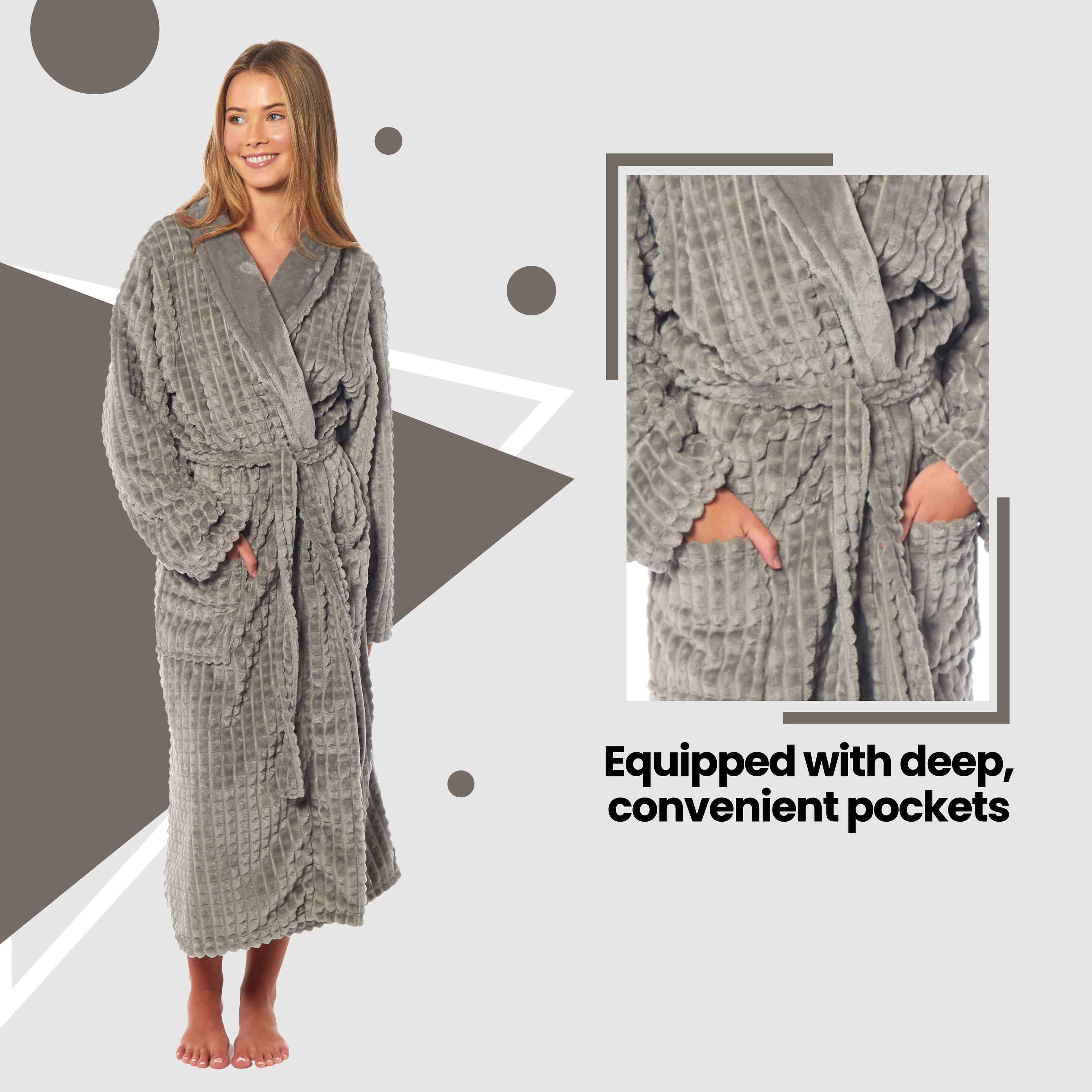 Women's Luxury Waffle Fleece Robe Soft Warm Long Dressing Gown with Belt and Pockets Loungewear by Daisy Dreamer