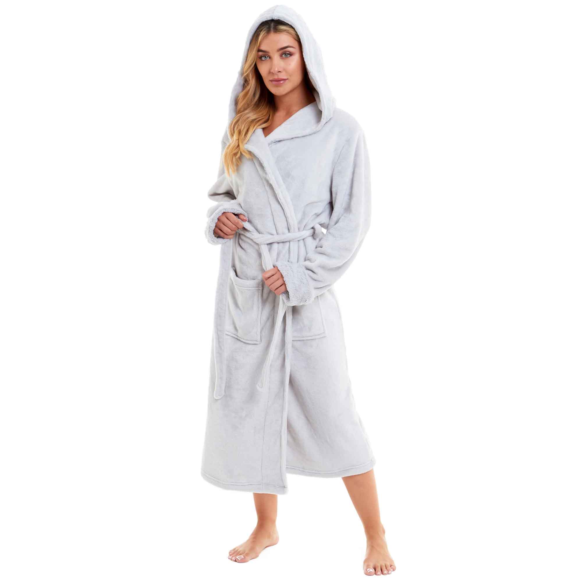 Women's Super Soft Plush Fleece Faux Fur Hooded Robe Luxurious Loungewear Bathrobe for Spa Hotel Home Pink Grey Sizes S-XL by Daisy Dreamer