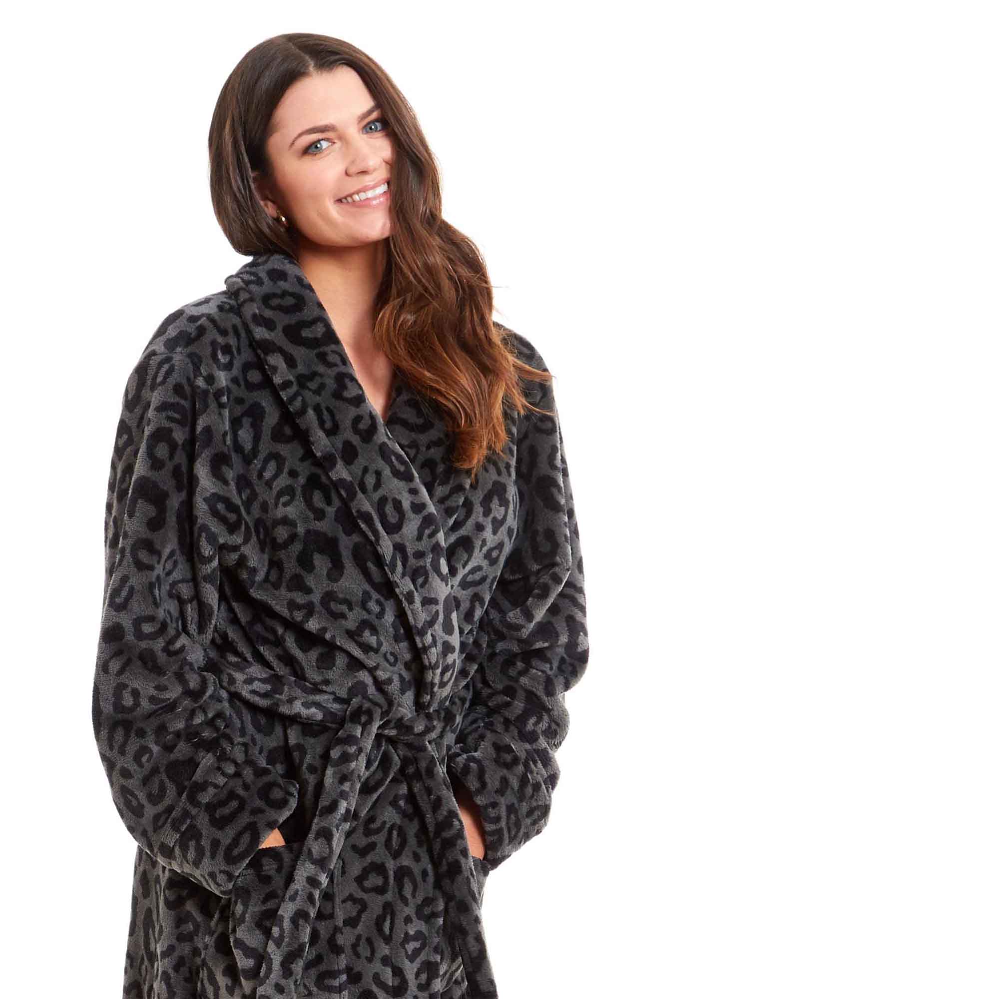 Women's Ultra-Soft Black Leopard Plush Fleece Bath Robe Warm Flannel Loungewear for Home Spa Gym Hotel Chic Animal Print by Daisy Dreamer