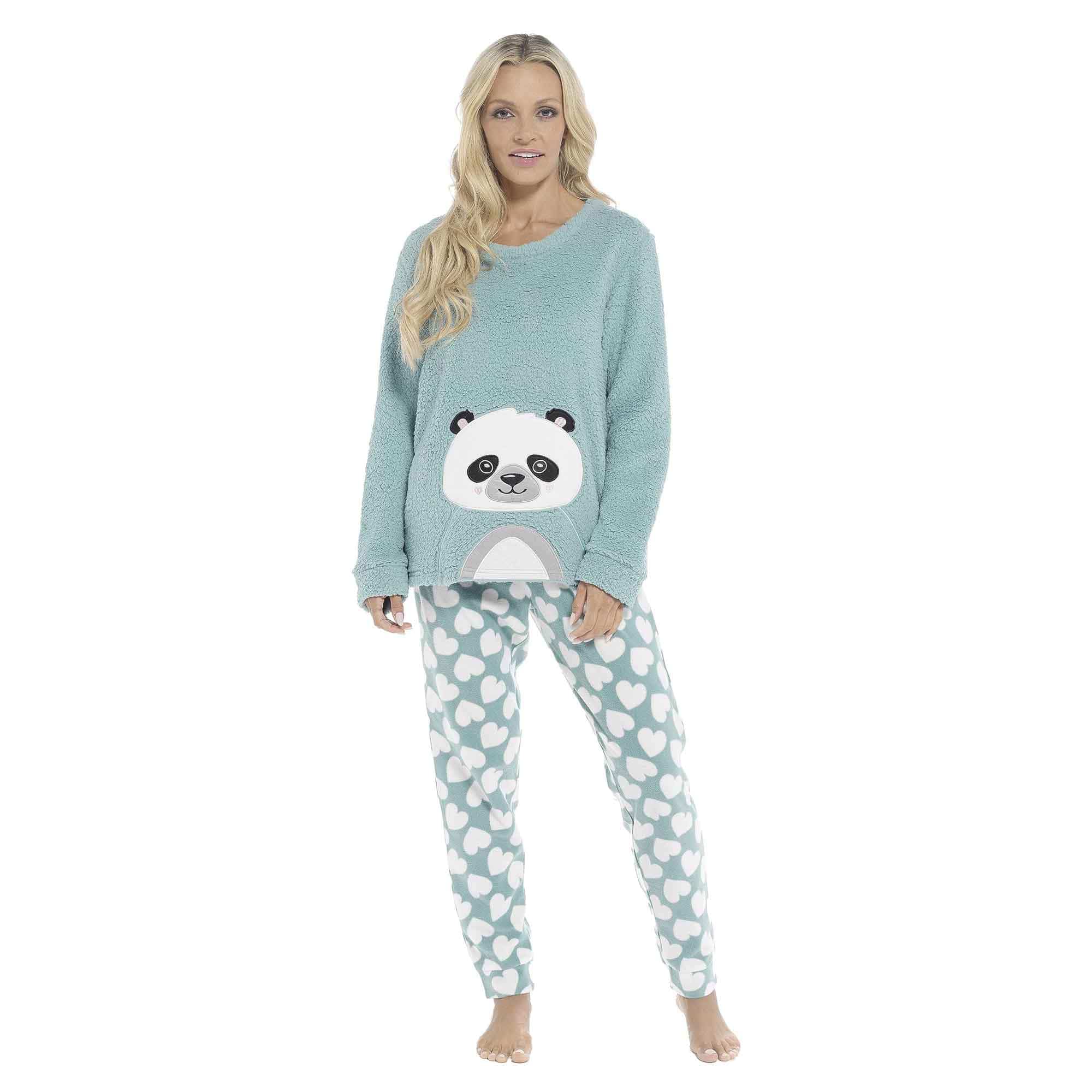Women's Ultra-Soft Panda Snuggle Fleece Pyjama Set with Long Sleeve Top and Elasticated Bottoms for Lounging and Sleepwear by Daisy Dreamer