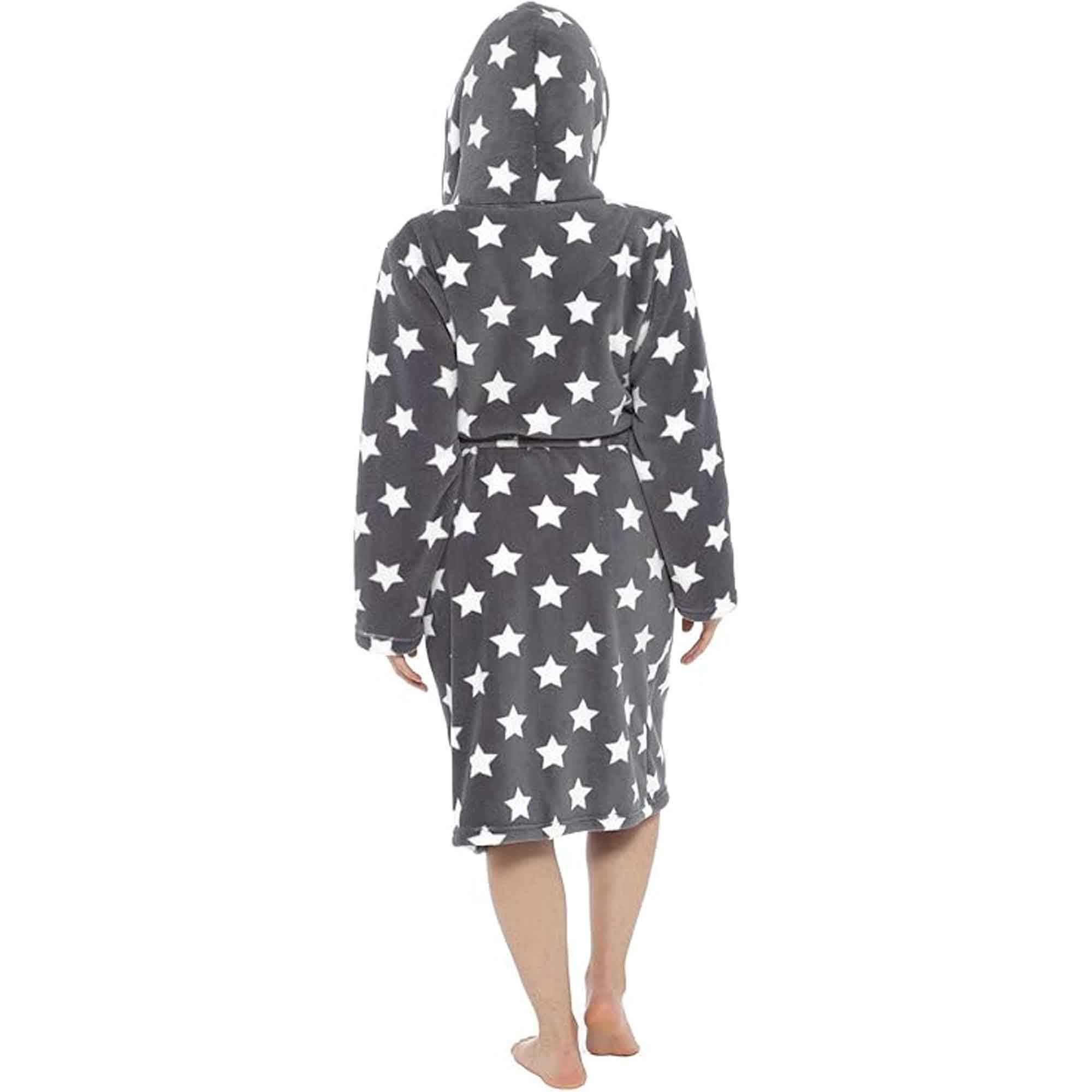 Women's Ultra Soft Plush Fleece Hooded Dressing Gown with Sherpa Lining Star Patterned Cozy Loungewear Nightwear Available in Sizes Small to X Large by Daisy Dreamer