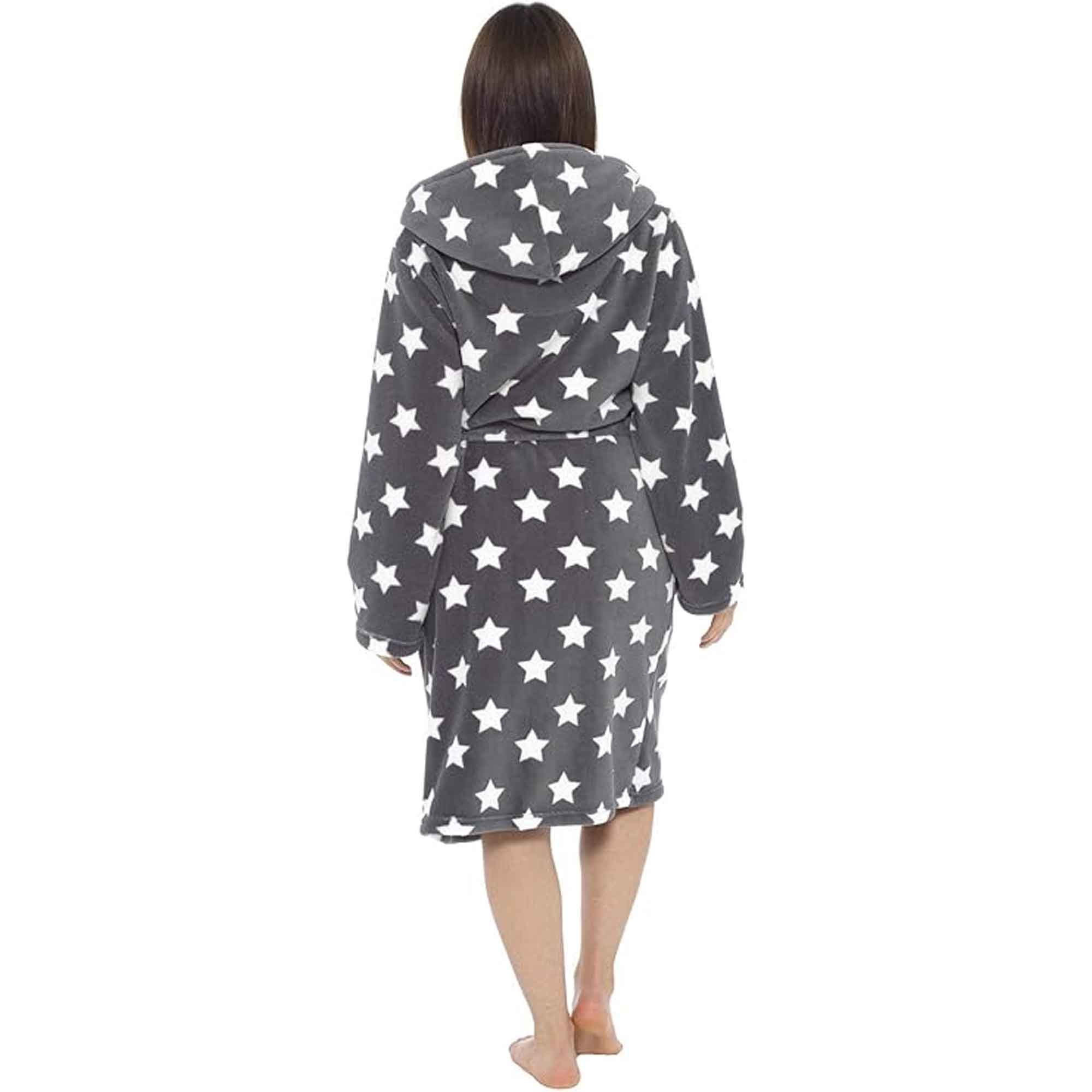 Women's Ultra Soft Plush Fleece Hooded Dressing Gown with Sherpa Lining Star Patterned Cozy Loungewear Nightwear Available in Sizes Small to X Large by Daisy Dreamer