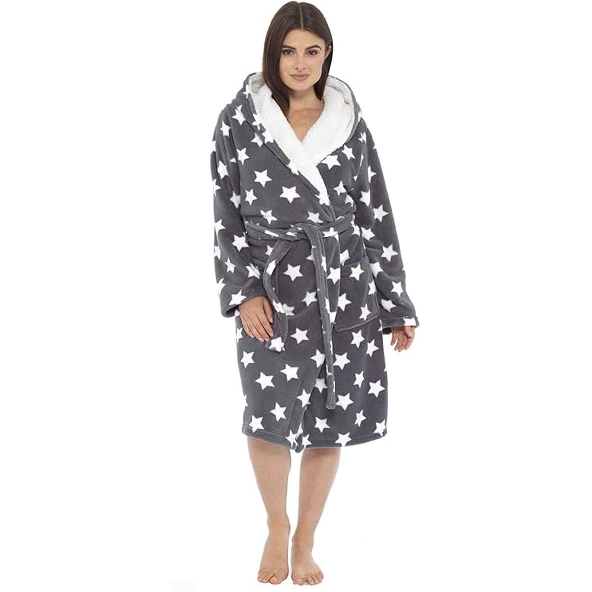 Women's Ultra Soft Plush Fleece Hooded Dressing Gown with Sherpa Lining Star Patterned Cozy Loungewear Nightwear Available in Sizes Small to X Large by Daisy Dreamer