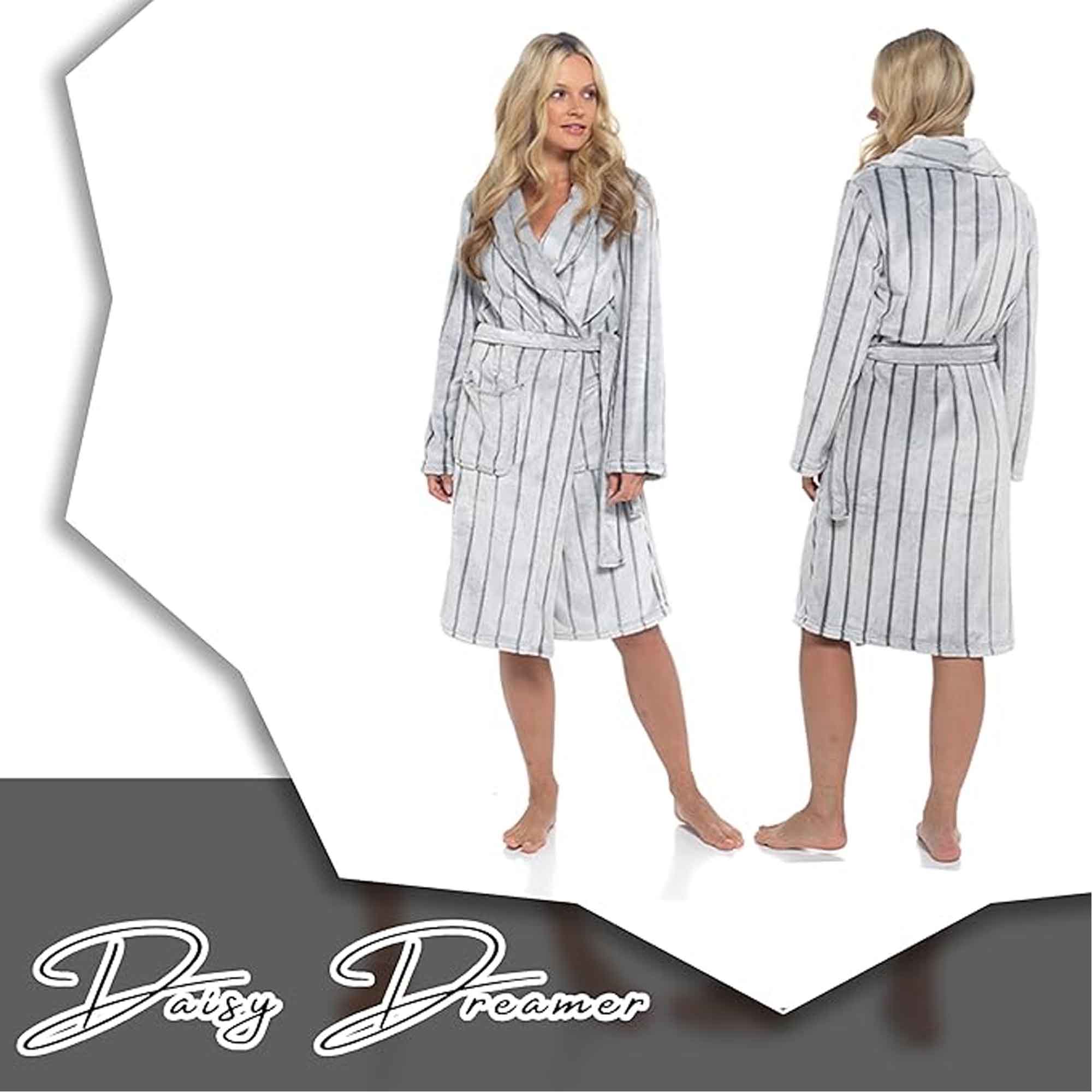 Women's Ultra Soft Velvet Fleece Hooded Bathrobe with Shawl Collar Shadow Stripe Design Grey and Charcoal All Sizes by Daisy Dreamer